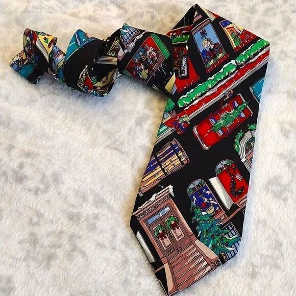 VTG 90s Nicole Miller Christmas In The City Print Hand Sewn Silk Neck Tie - Picture 2 of 14